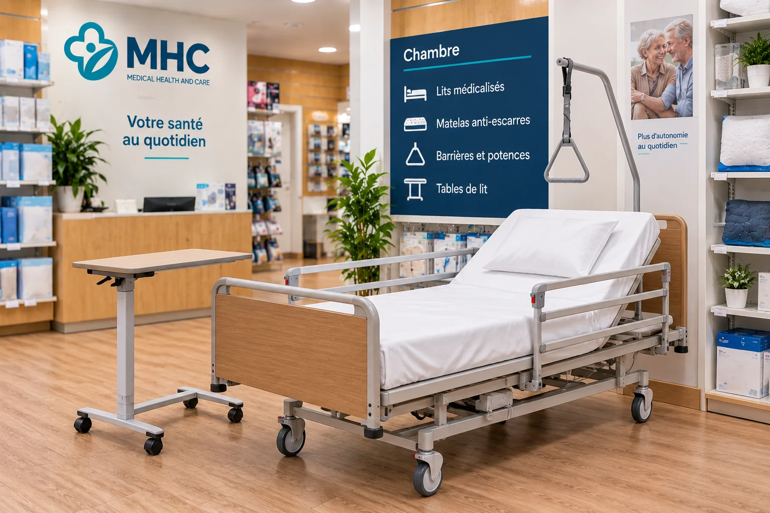 Lit médicalisé et table de lit présentés en magasin