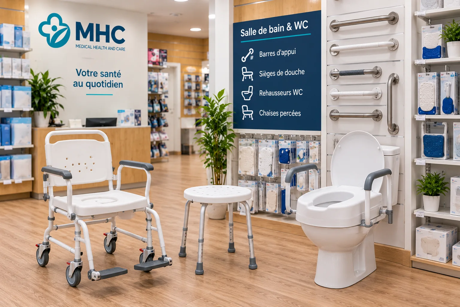 Chaise de douche, tabouret et rehausseur WC dans le rayon salle de bain