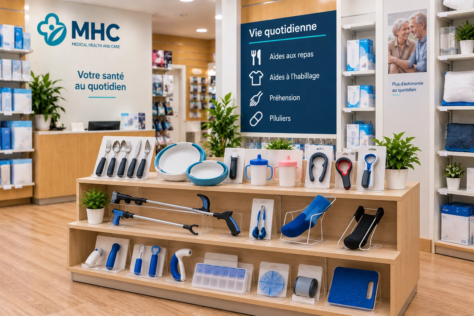 Aides aux repas et à la préhension présentées en magasin